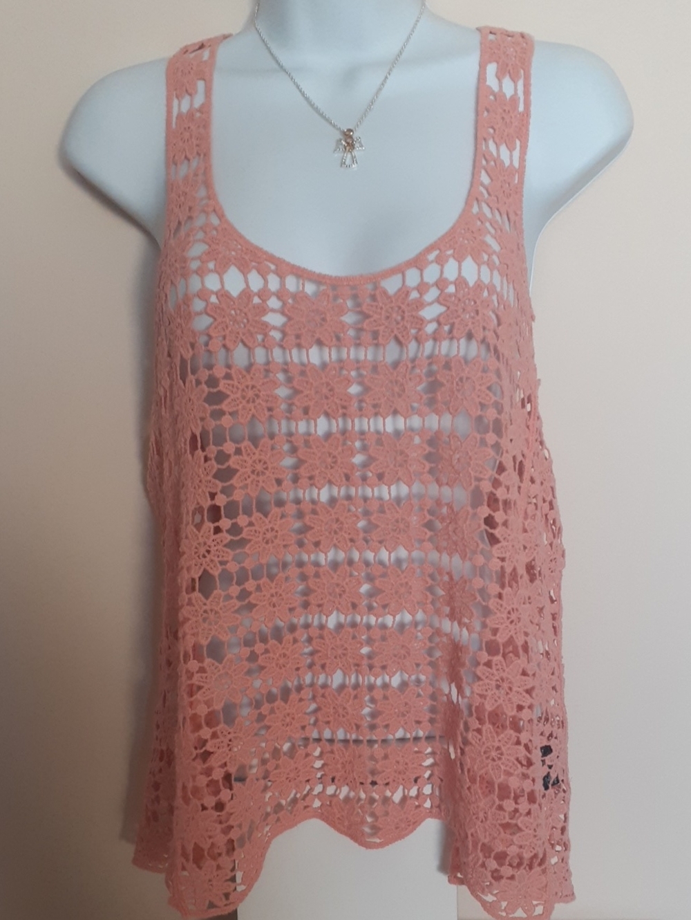 Crochet Lace Scoop Neck Tank Top - Peach Sz Medium